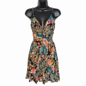 ANGIE FLORAL TWIST FRONT MINI DRESS SMOCKED BACK FLORAL RAYON BOHO FAIRY SIZE L